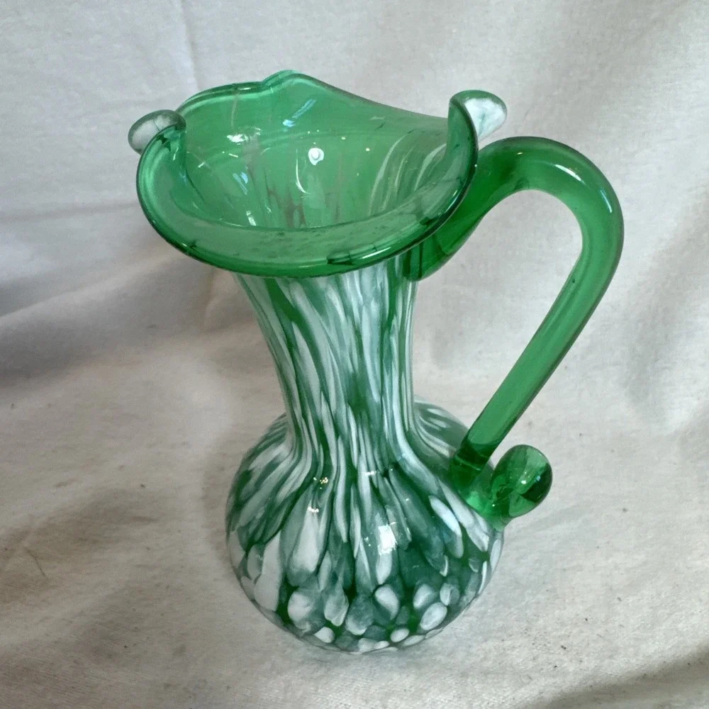 Hand Blown Green Glass White Stretched Splatter 4.5